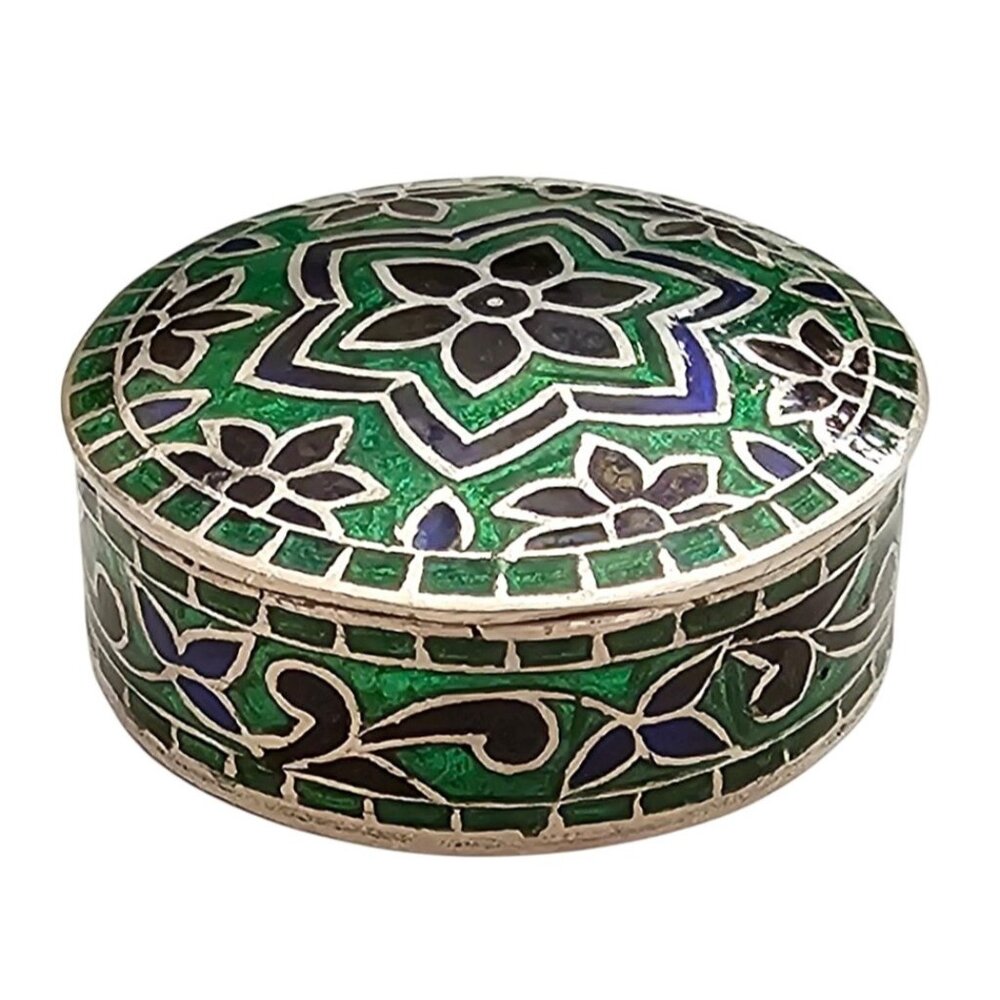 Sterling Green Blue Enamel Pill Trinket Box Star Flower Pattern C997